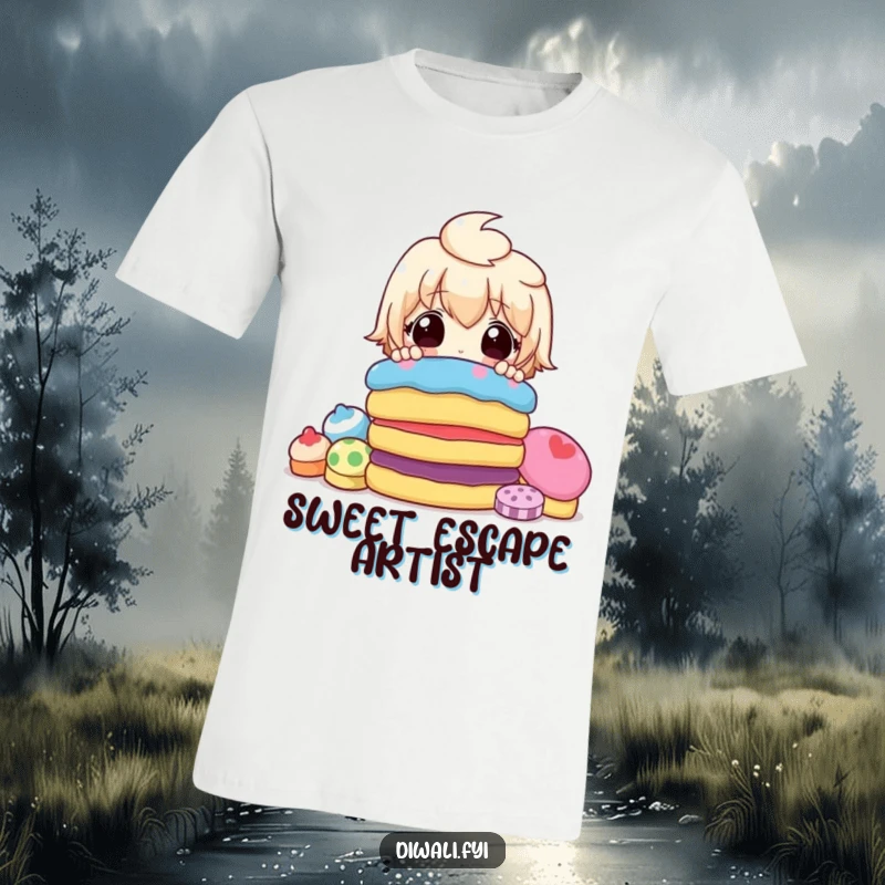 Funny T-shirt with a comical character peeking mischievously from behind an overflowing, colorful pile of delicious sweets, expressing sweet-fueled surprise.