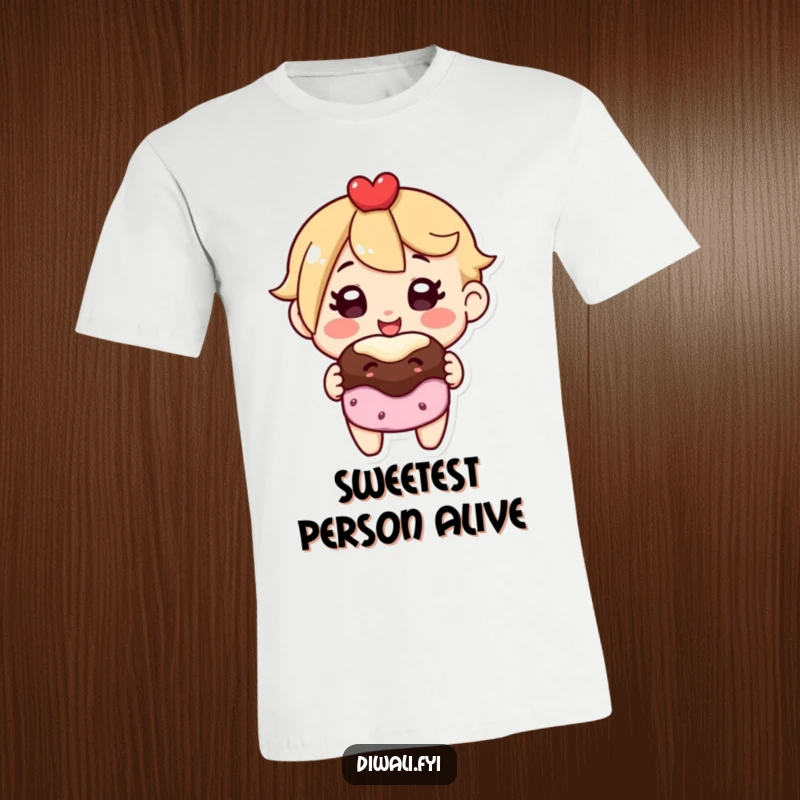 Funny t-shirt with a character beaming with happiness, offering a tempting sweet treat, ideal for spreading smiles and laughter.