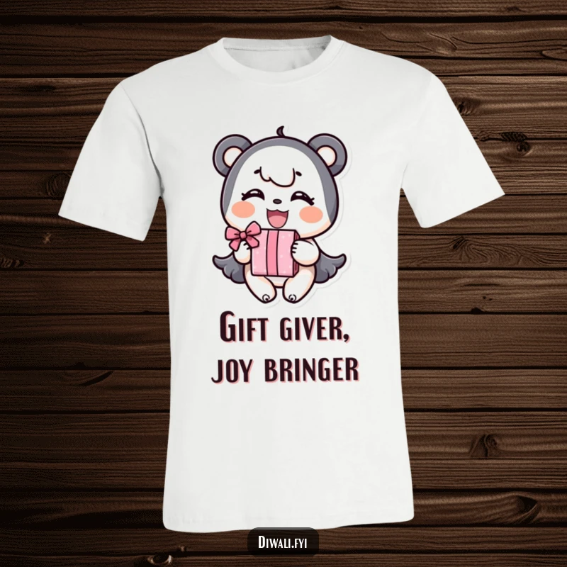 Funny T-Shirt: A beaming character joyfully offers a wrapped gift, radiating happiness and the spirit of giving.