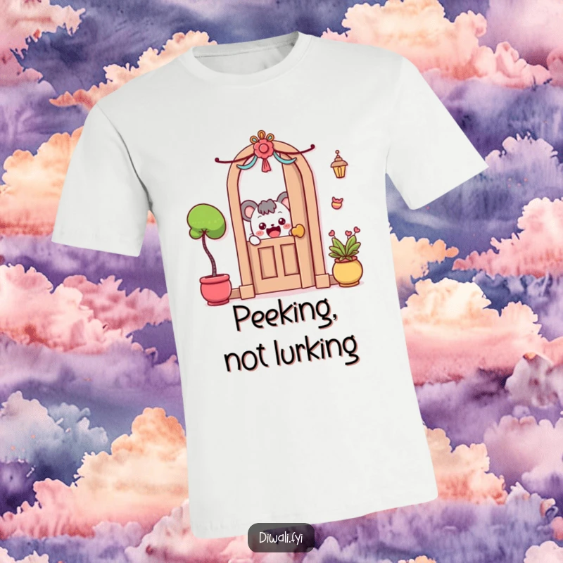 Funny T-Shirt: A character curiously peeks around a decorated door, expressing eager excitement.