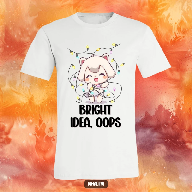 Funny Tangled Lights T-Shirt: A playful character is comically entangled in a mess of festive decorative lights, looking bewildered.