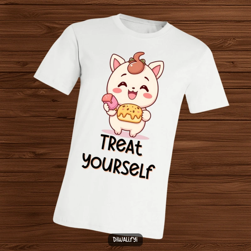 Funny treat offering t-shirt, delighted character offering sweet treat with smile, cheerful apparel, unique foodie gift.
