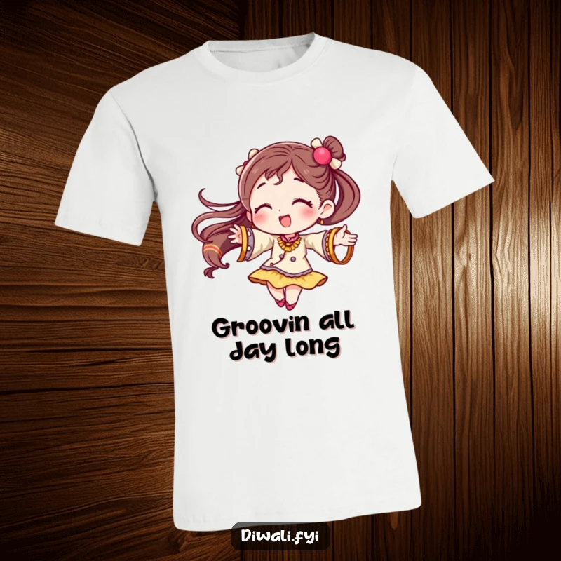 Funny t-shirt featuring a character energetically twirling, their arms adorned with numerous shiny and festive bangles.