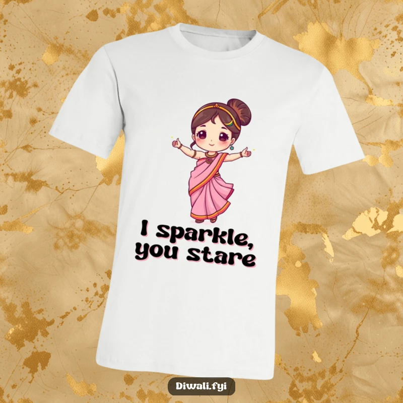 Funny t-shirt showcasing a cute character in a bright sari, gracefully dancing while holding sparklers.