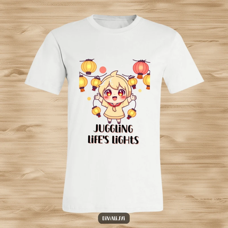 Funny t-shirt of a playful character juggling glowing lanterns, eyes wide with excitement and joy.