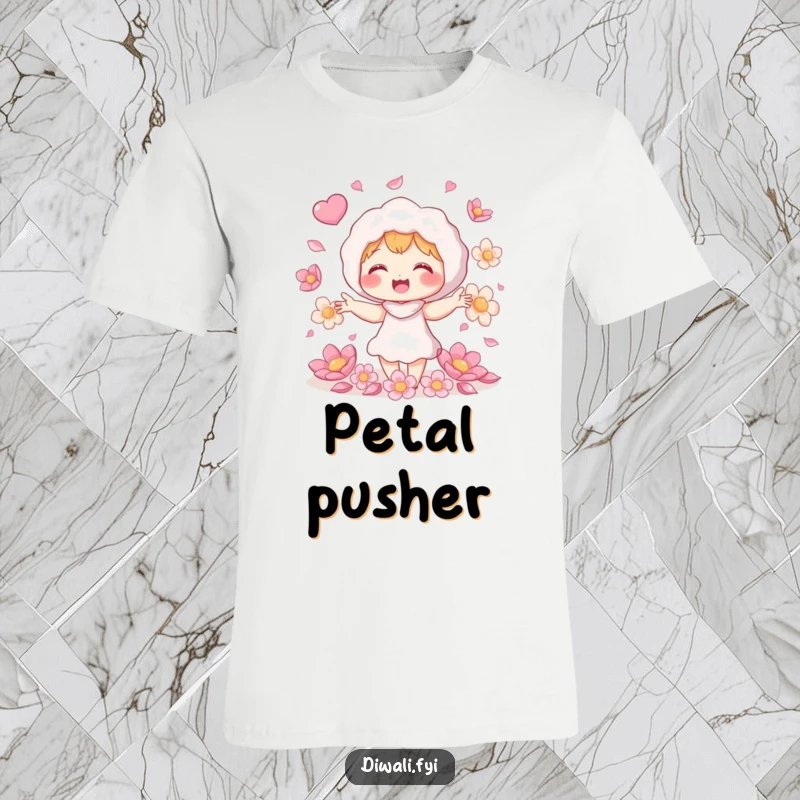 Funny petal juggling t-shirt, giggling character juggling shimmering flower petals, cheerful apparel, unique nature lover gift.
