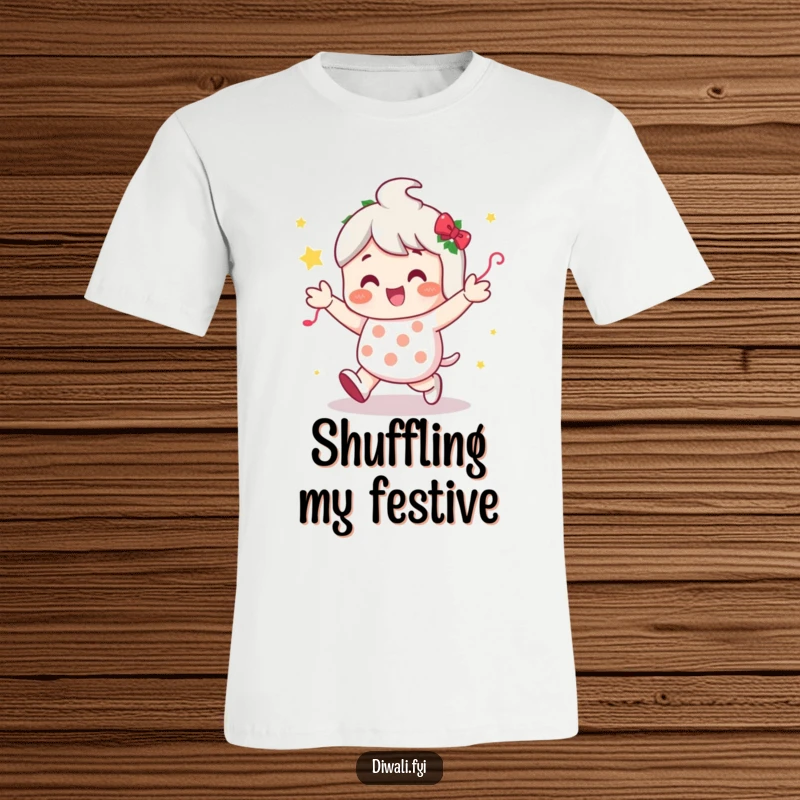 Funny t-shirt featuring a character in a lively shuffle dance, surrounded by streamers and confetti, full of festive energy.