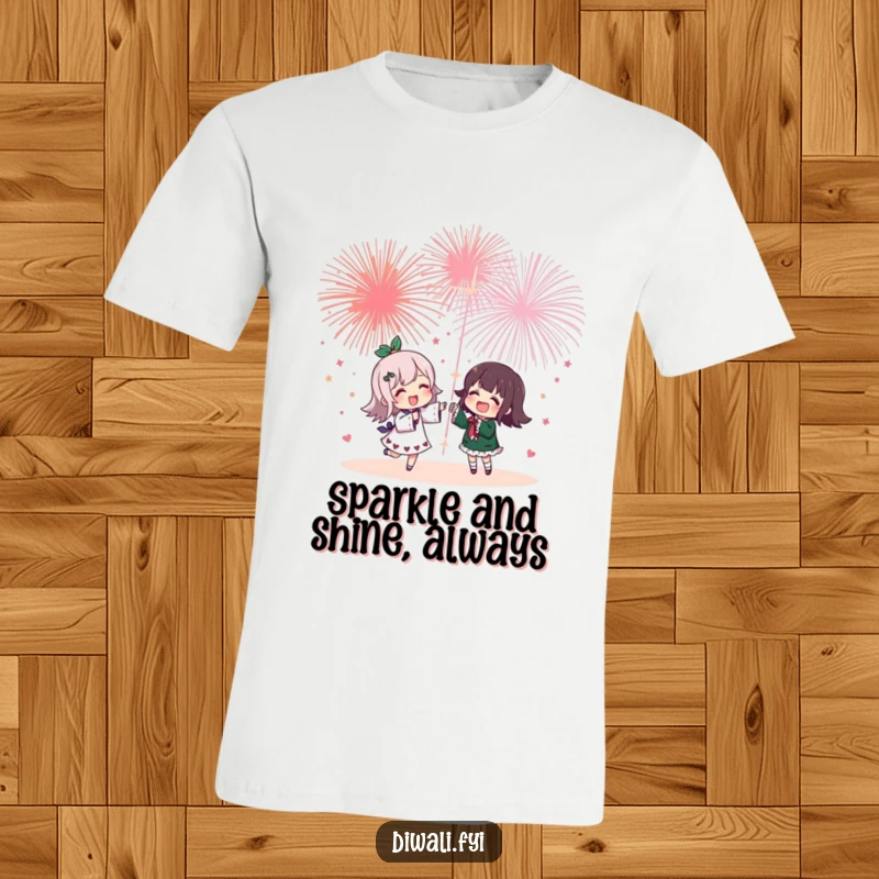 Funny t-shirt showcasing a cheerful character delighting in fireworks with a close friend, embodying shared excitement and laughter during a festive night.