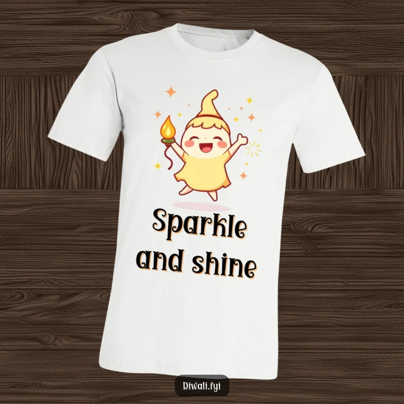 Funny T-Shirt: Joyous character holding a glowing lamp with lively sparks, captured in a happy, energetic dance.