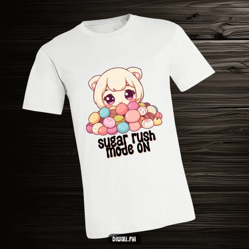 Funny Sweet Peeker T-Shirt: A cute character with wide eyes peeking from behind a pile of sweets. Perfect funny gift.