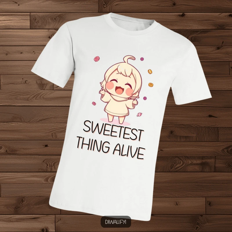 Funny t-shirt depicting a character joyfully tossing small sweets into the air, with a huge, beaming smile.