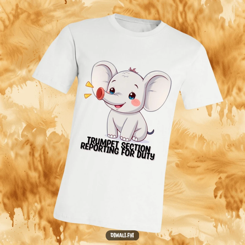 Funny t-shirt showcasing a small, gleeful elephant character joyfully trumpeting, perfect for those who love cheerful and amusing animal designs.
