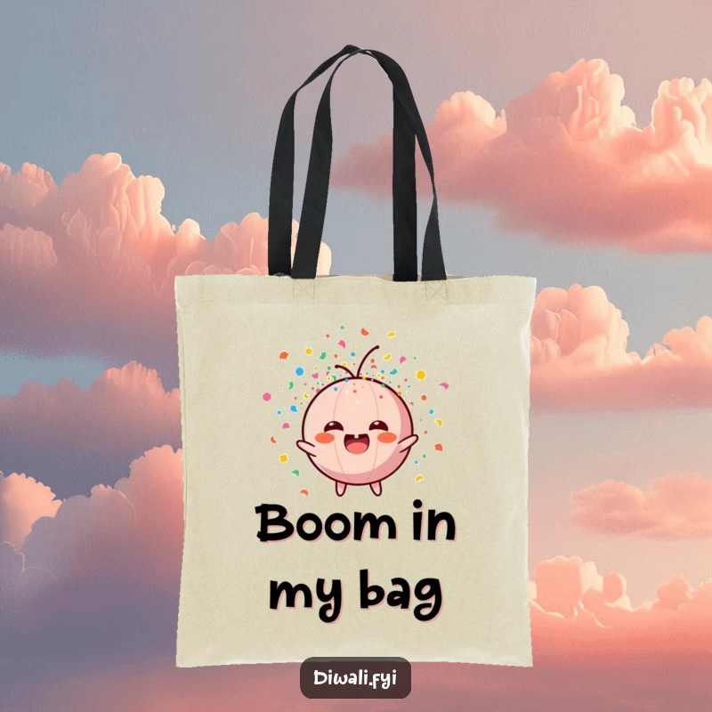 Funny tote bag with a happy firecracker character exploding in a vibrant shower of confetti, perfect for shopping.