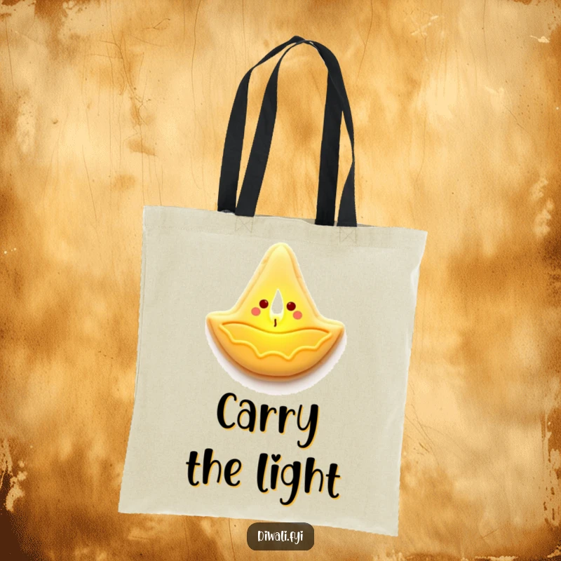 Funny tote bag showcasing a happy sugar cookie diya lamp emitting a warm, glowing light, perfect for carrying essentials.