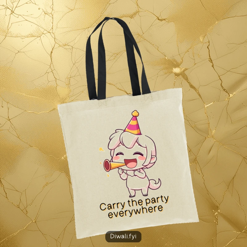 Funny tote bag with a character gleefully blowing a party horn and laughing, perfect for carrying essentials with a dose of vibrant, happy energy.