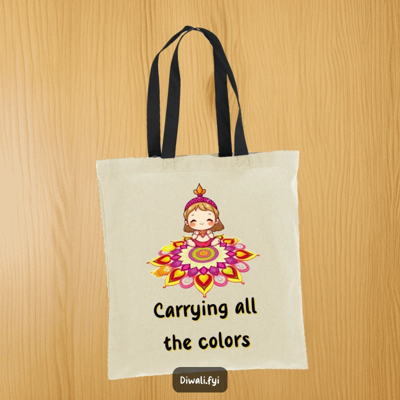 Funny rangoli tote bag showcasing a delighted character decorating a colorful rangoli pattern with vibrant powder, ready for your items.