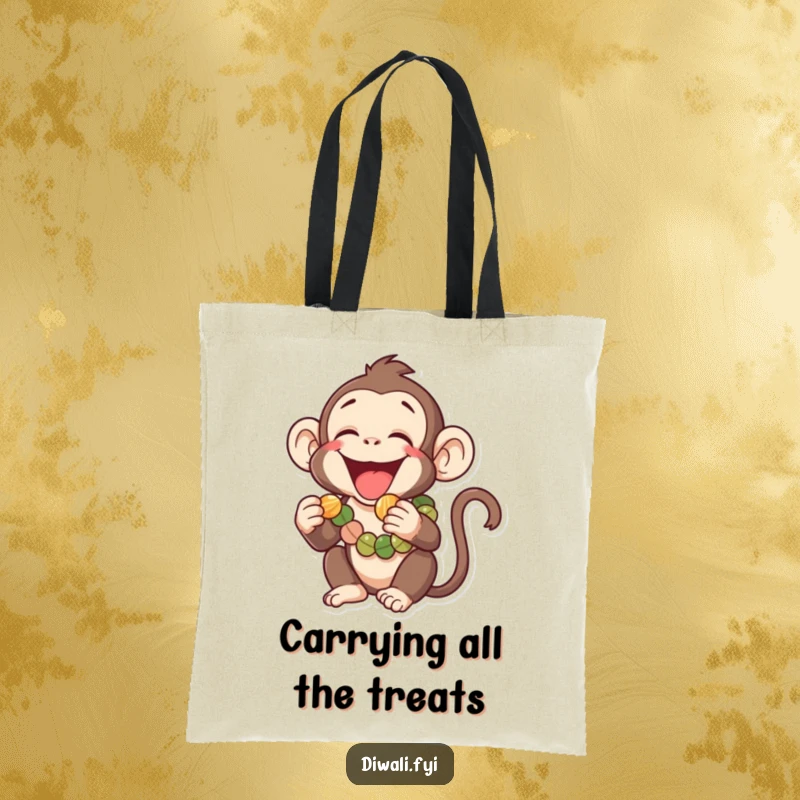 Funny tote bag showcasing a laughing monkey wearing a garland, playfully reaching for a tiny sweet, perfect for carrying items with jungle flair.