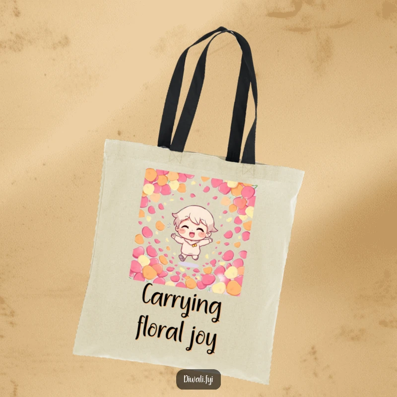 Funny Giggling Character Tote Bag: A character giggles while running through colorful petals, depicted on a fun and humorous tote.