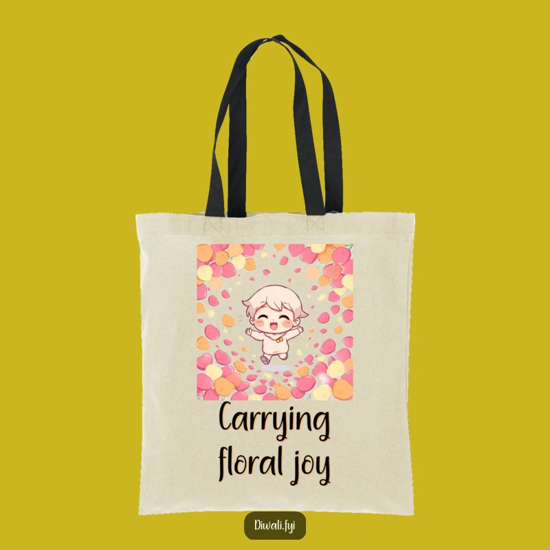 Funny Giggling Character Petal Tote Bag: Spacious tote with a giggling character running through petals, a practical funny gift.
