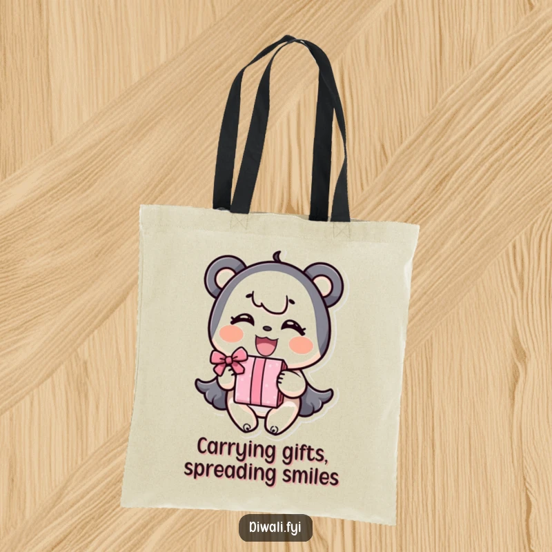 Funny Tote Bag: A smiling character joyfully offers a gift, making errands fun and fashionable.
