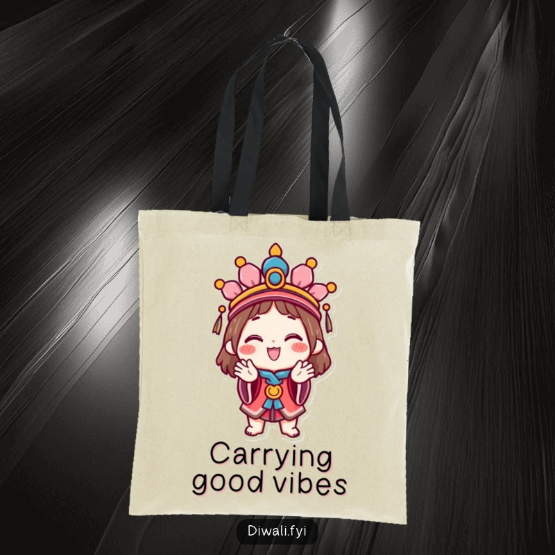 Funny Celebration Tote Bag: A happy character wearing a festive headdress claps hands, depicted on a stylish and humorous tote.
