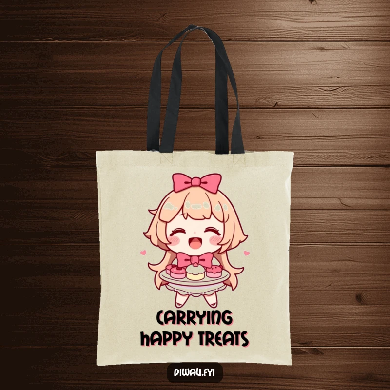 Funny happy character smiling, extending a plate of assorted sweets adorned with a pretty bow.