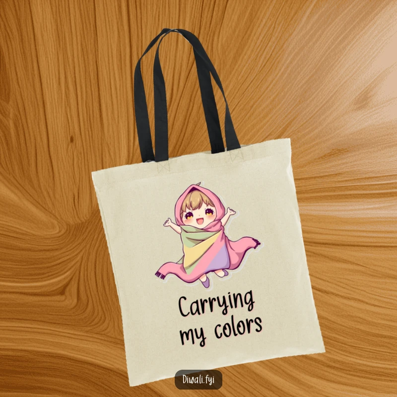 A character joyfully jumping, their form outlined by colorful, flowing fabric, humorously depicted on a practical tote bag.