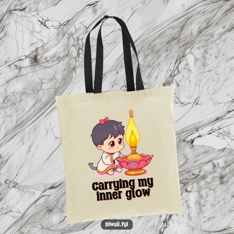 Funny tote bag showcasing a curious character mesmerized by a beautifully decorated, lit diya lamp, great for market trips.