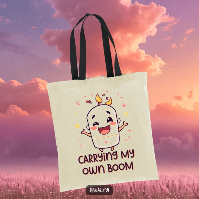Funny tote bag featuring a mischievous firecracker character popping with happy excitement, a practical and energetic accessory for any outing.