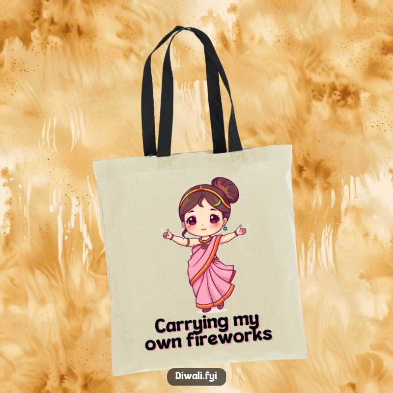 Funny tote bag with a cute sari character dancing gracefully with sparklers, ready for adventure.