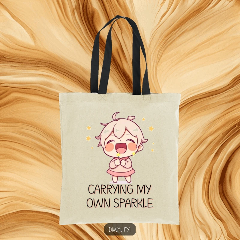 Funny tote bag with a character caught in a moment of pure, unadulterated laughter holding a bright, tiny sparkler.