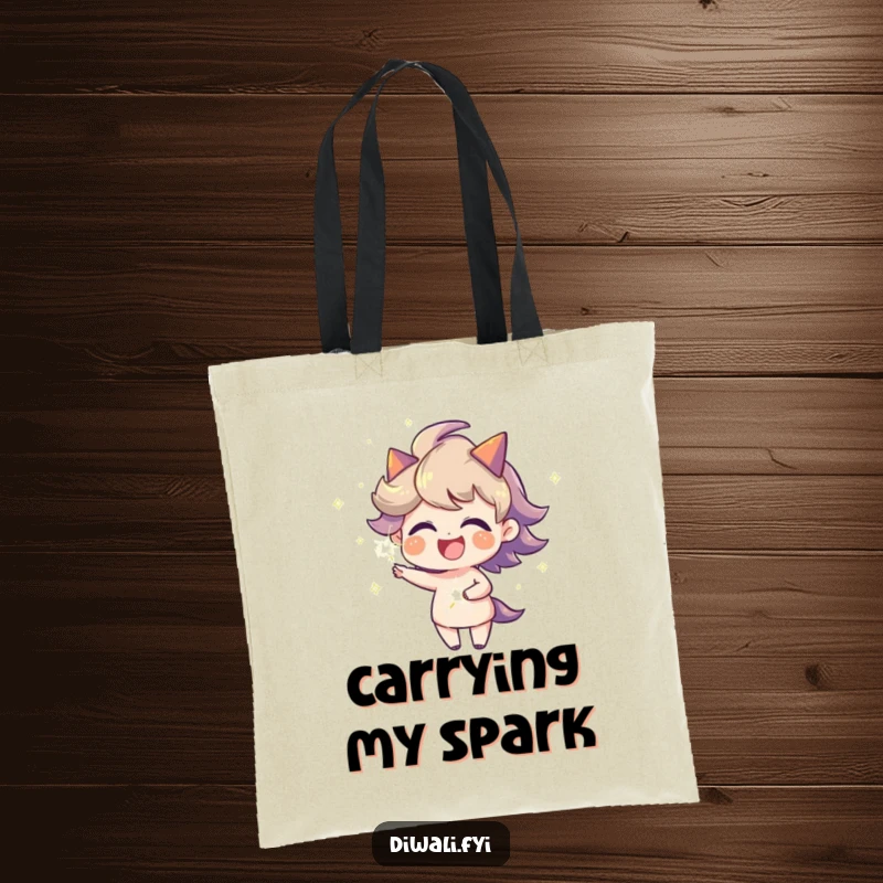 Funny joyful character with a fiery aura spinning a sparkler on a tote bag, a vibrant and practical accessory for celebrations.
