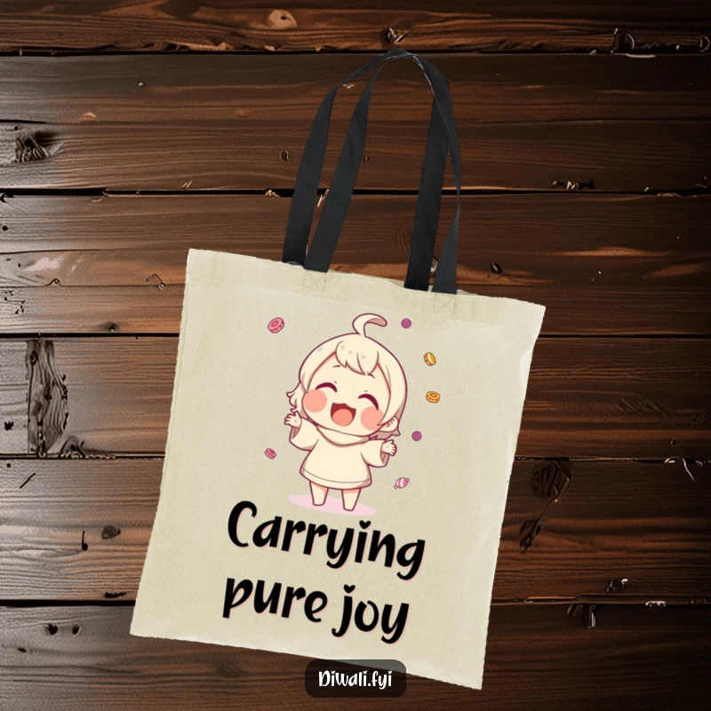 Funny tote bag depicting a character joyfully tossing small sweets into the air, smiling broadly.