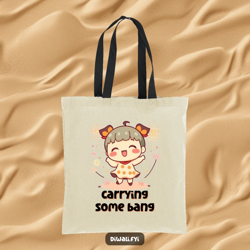 Funny tote bag with a playful character dancing amidst small firecrackers, perfect for carrying items with a burst of energy.