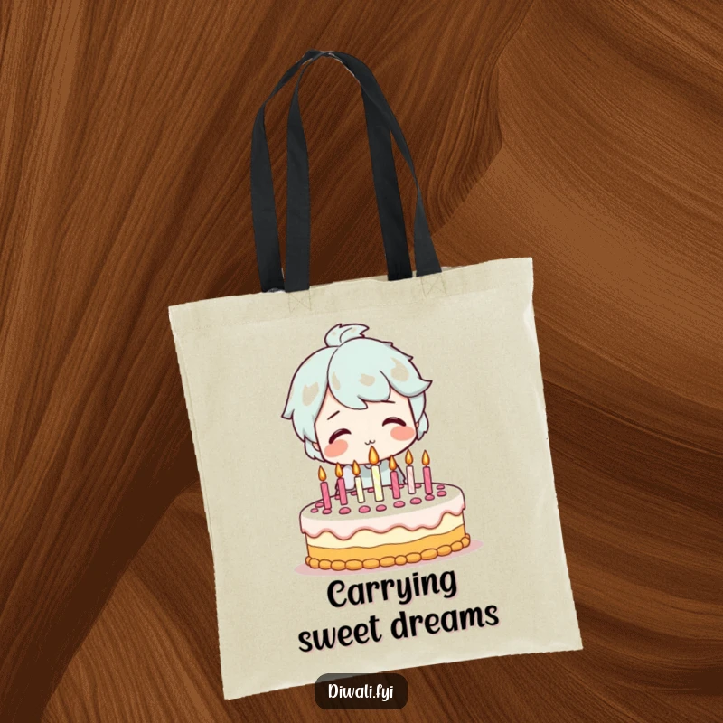 Funny tote bag depicting a smiling character blowing out candles on a festive birthday cake, perfect for carrying party supplies with a cheerful theme.