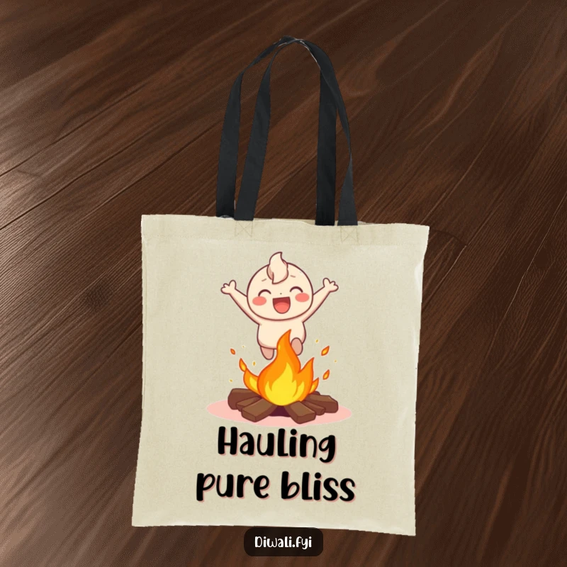 Funny tote bag illustrating a happy character leaping over a small bonfire with a laugh, ideal for carrying items with a playful, daring theme.