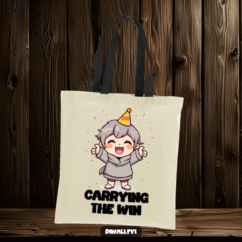 Funny Celebration Tote Bag: A cheerful character strikes a celebratory pose, surrounded by a burst of colorful confetti.