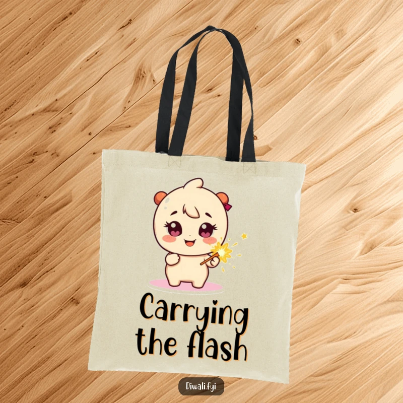 Funny Tote Bag: Happy character with sparkly eyes, holding a firecracker, ready for any celebration.