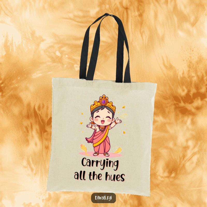 Funny Tote Bag: Cute character in a festive sari enthusiastically tossing colorful Holi powder, perfect for carrying joy.