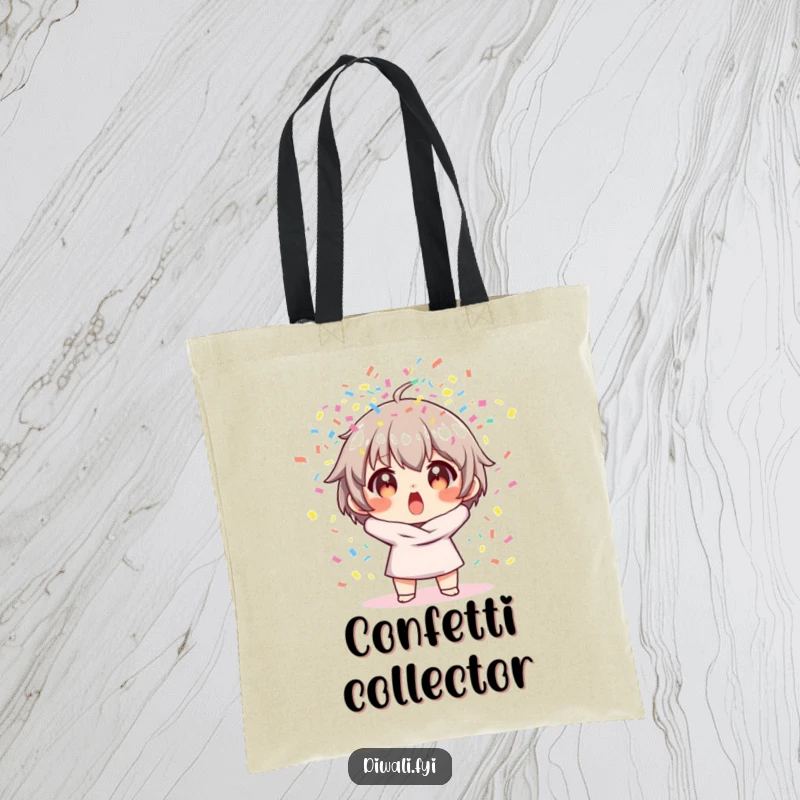 Funny tote bag depicting a character with a wide-eyed, surprised look as colorful confetti bursts around them.