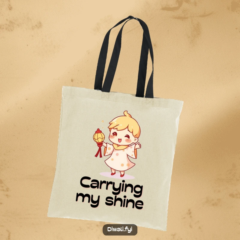 Funny tote bag depicting a character doing a whimsical dance while holding a tiny, illuminated diya lantern.