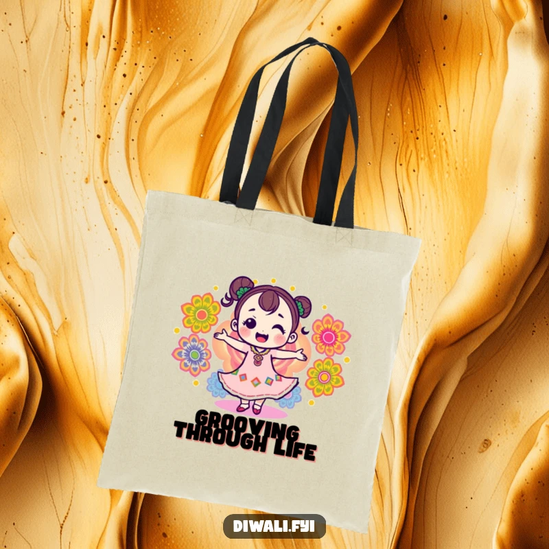 Funny tote bag featuring a delighted character dancing with vibrant rangoli patterns, embodying festive fun and humor.