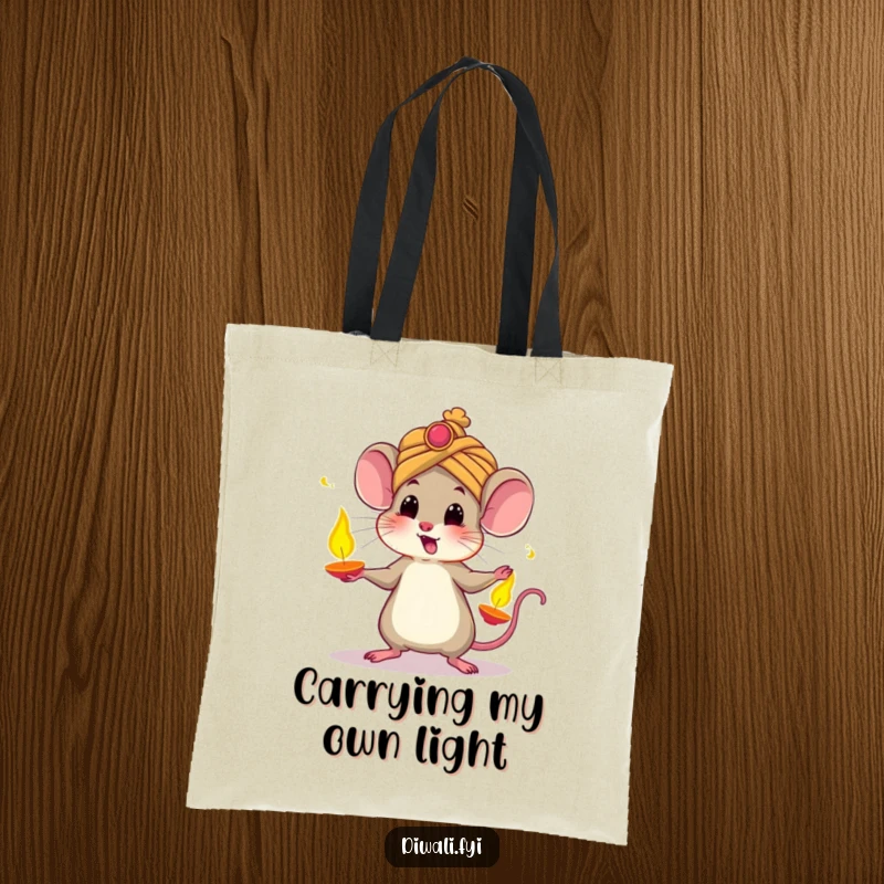 Funny tote bag featuring a startled mouse wearing a turban, amusingly juggling glowing diyas, ideal for carrying festive goodies with humor.