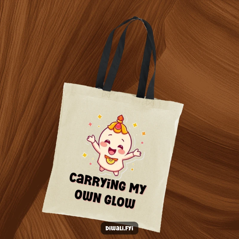 Funny, happy diya character energetically spinning, pictured on a durable tote bag for stylishly festive carrying.