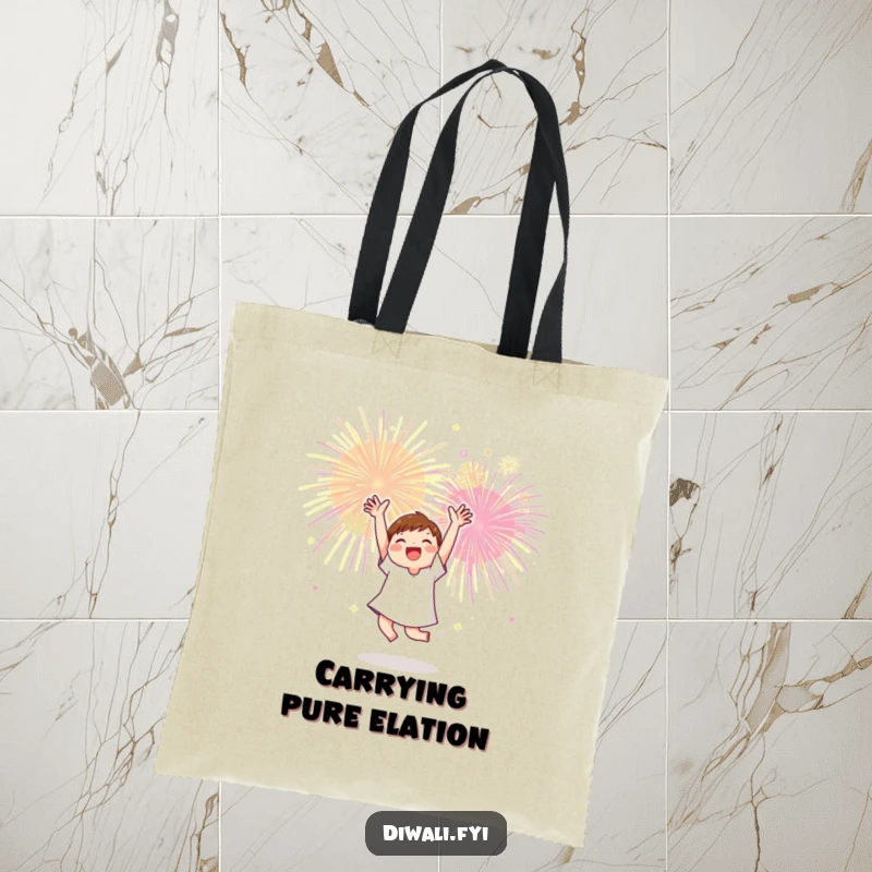 Funny tote bag showcasing a character dancing joyfully with arms up, surrounded by dazzling fireworks, perfect for celebrations.