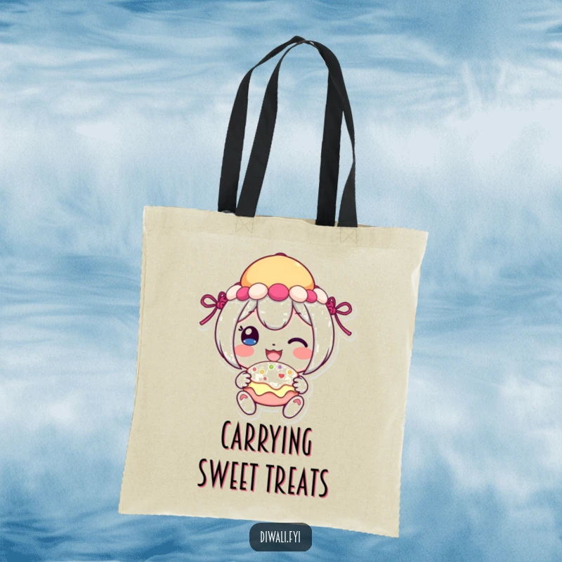 Funny festive sweet tote bag with a cheerful character sharing a treat, a functional and charming accessory.