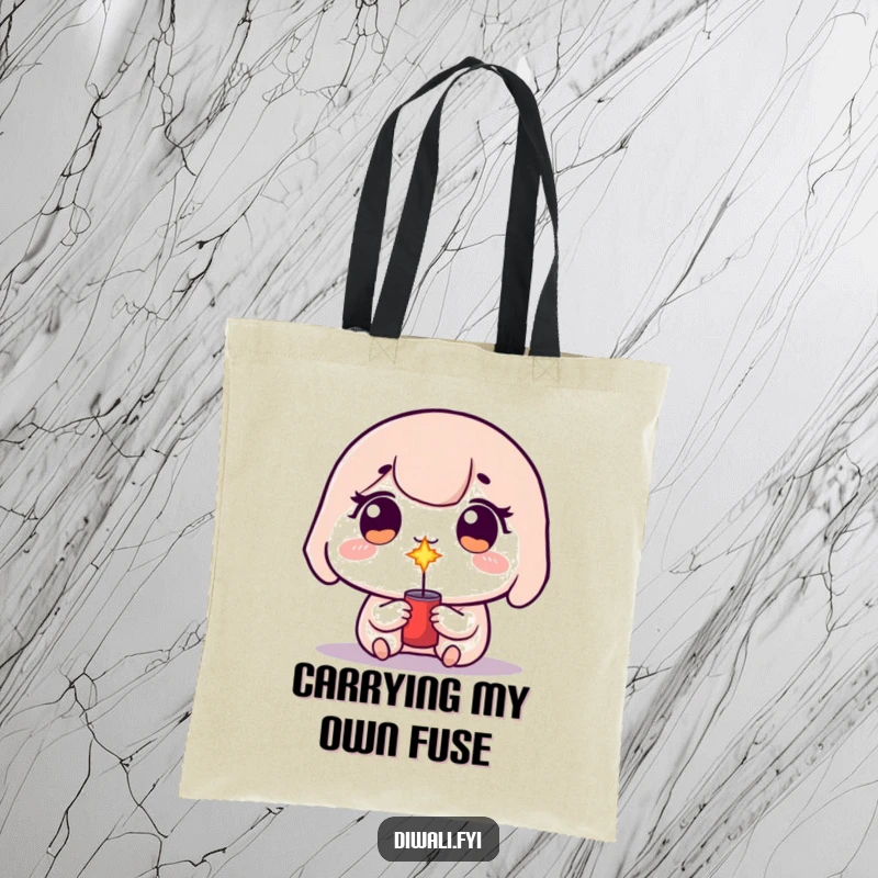 Funny kawaii character with sparkling eyes holding a small, smoking firecracker, ready for action.