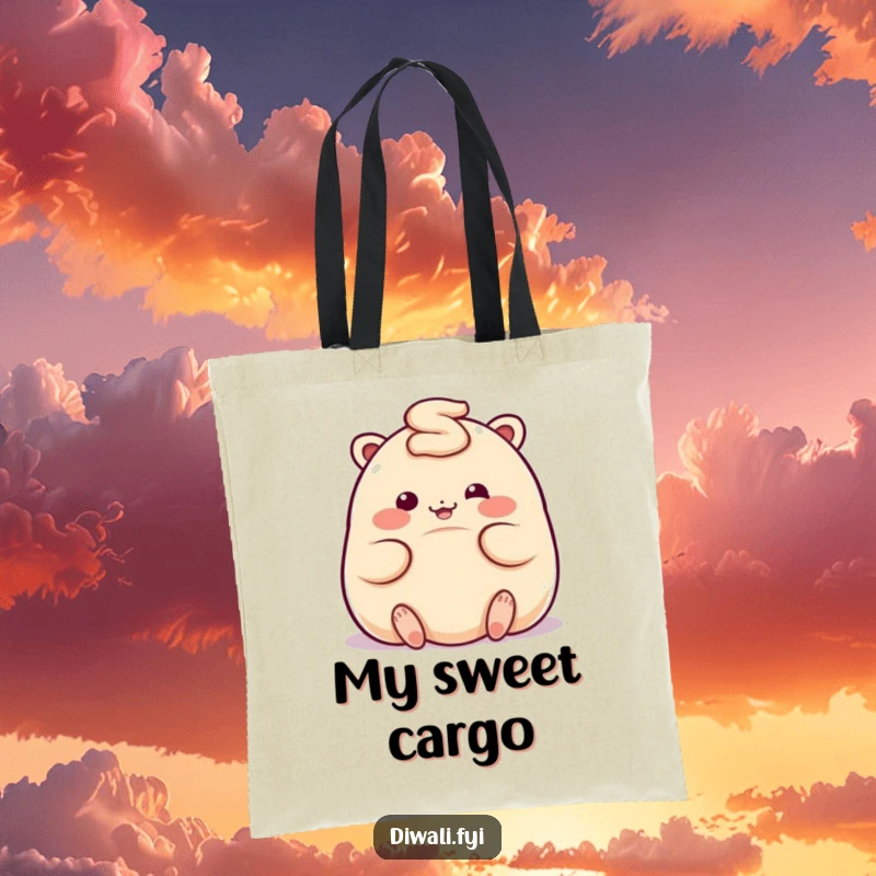 Funny tote bag with a giggling, plump ladoo character rolling playfully, perfect for carrying daily essentials with joy.