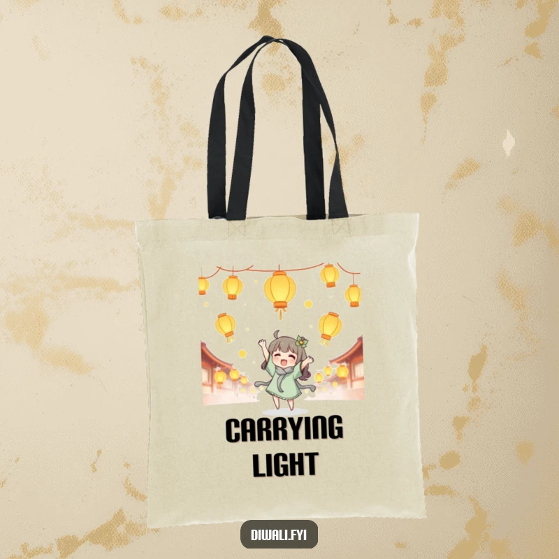 Funny lantern tossing tote bag, cute character joyfully tossing glowing lanterns, magical accessory, practical festival gift.
