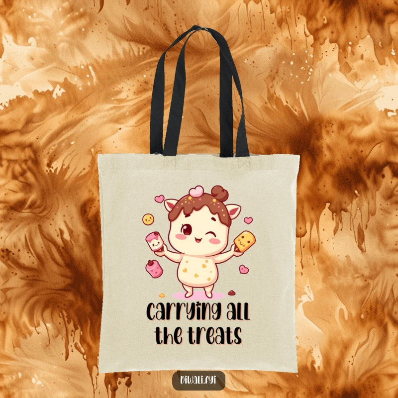 Funny tote bag featuring a character juggling mithai, a charming and practical accessory for carrying daily items with a sweet flair.